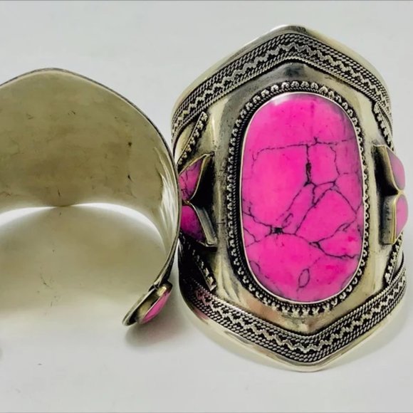 Single Vintage Afghan Cuff: Pink Stone Tribal Boho Bracelet - Picture 7 of 9